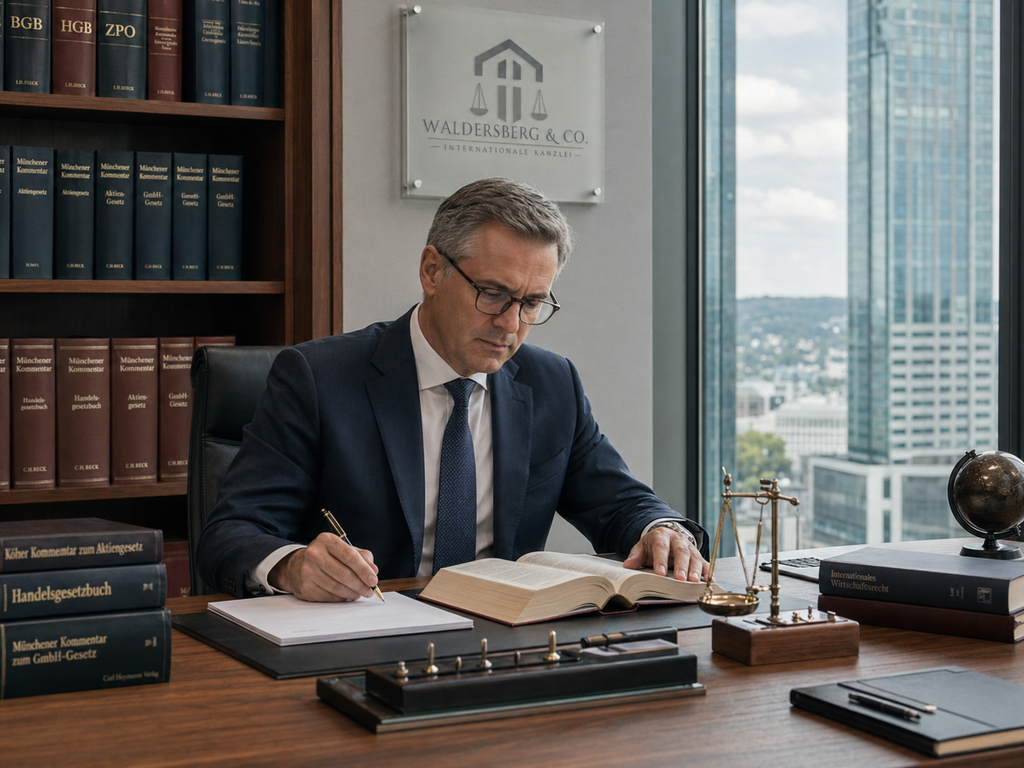 Waldersberg und Partner Beratung im internationalen Wirtschaftsrecht mit Mandantengespräch und juristischer Fachliteratur