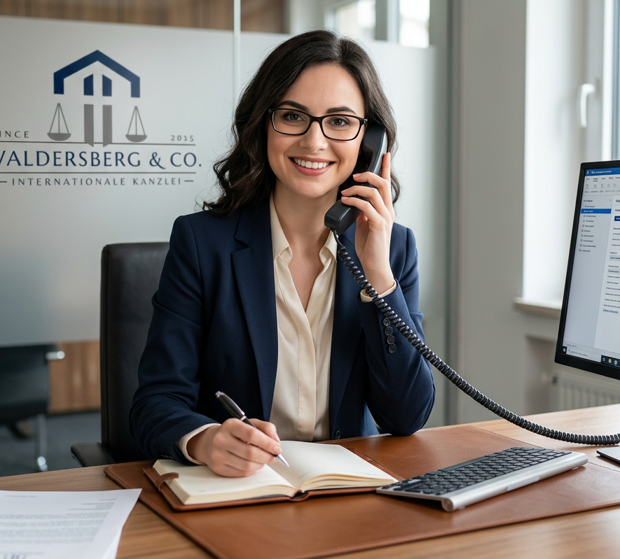 Professionelle Mitarbeiterin im Sekretariat von Waldersberg und Partner bei der telefonischen Mandantenbetreuung in einer modernen internationalen Kanzlei